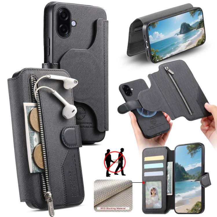 

For Samsung Galaxy A07 4G / 5G Twill Fabric MagSafe RFID Anti-theft Zipper Wallet Leather Phone Case(Black)