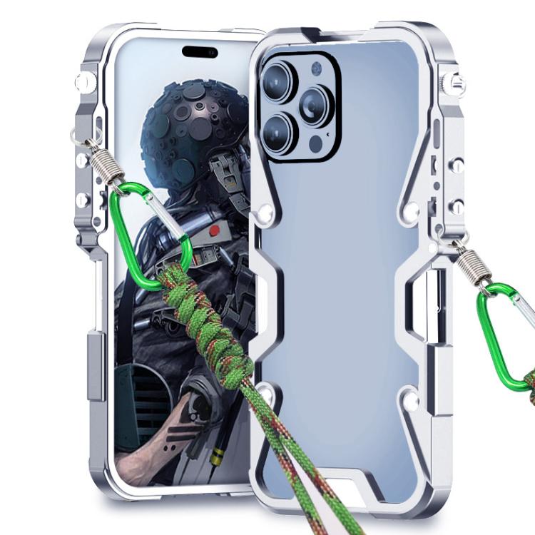 

For iPhone 14 Pro Max Trigger Design Hollow Metal Frame Phone Case with Lanyard(Silver)