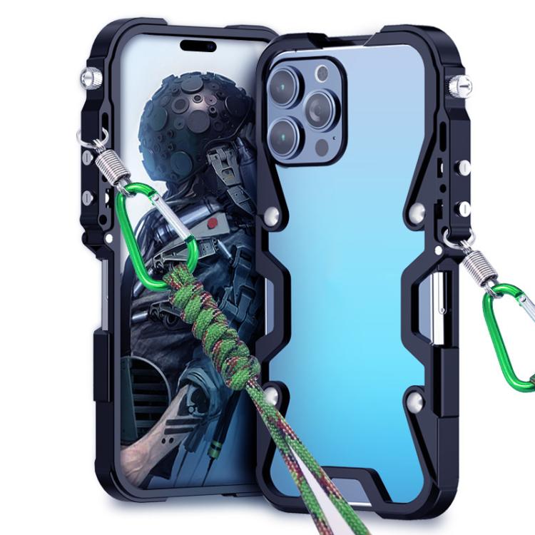 

For iPhone 14 Pro Trigger Design Hollow Metal Frame Phone Case with Lanyard(Black)
