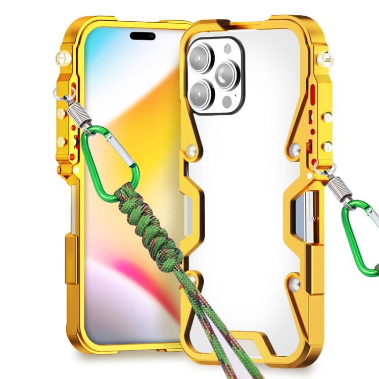 

For iPhone 14 Pro Trigger Design Hollow Metal Frame Phone Case with Lanyard(Gold)