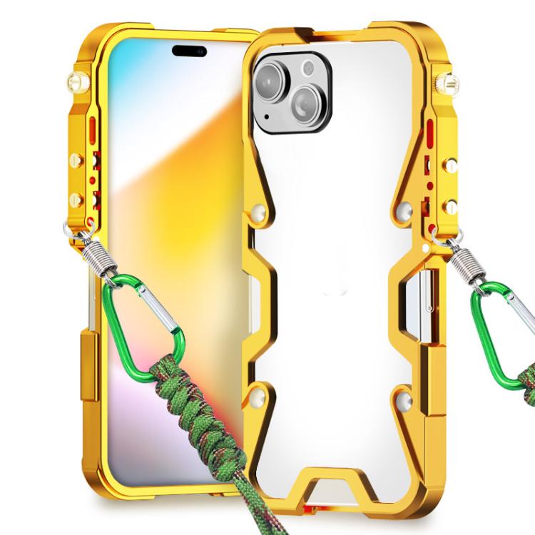 

For iPhone 14 Plus Trigger Design Hollow Metal Frame Phone Case with Lanyard(Gold)