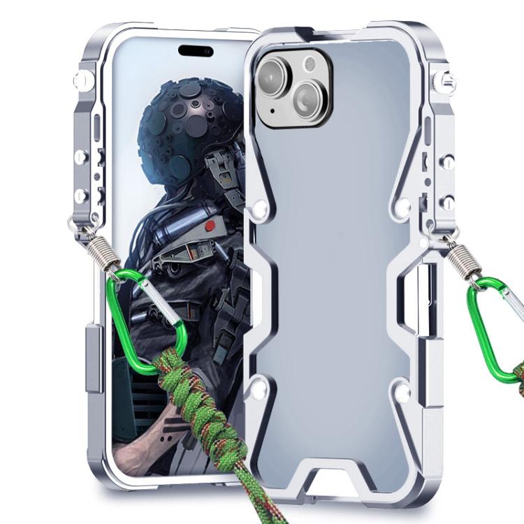 

For iPhone 14 Trigger Design Hollow Metal Frame Phone Case with Lanyard(Silver)