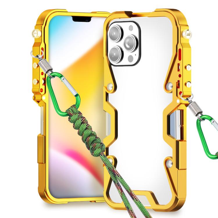 

For iPhone 12 Pro Trigger Design Hollow Metal Frame Phone Case with Lanyard(Gold)