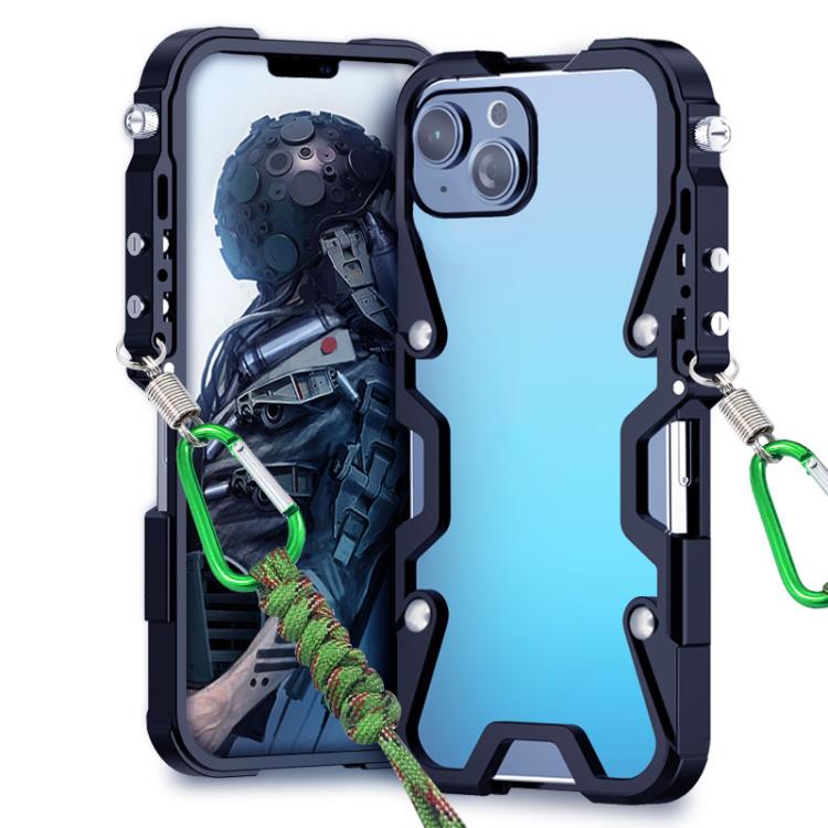 

For iPhone 12 Trigger Design Hollow Metal Frame Phone Case with Lanyard(Black)