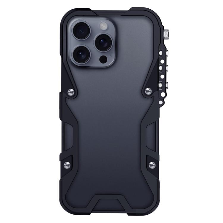 

For iPhone 16 Pro Max Trigger Design Hollow Metal Frame Phone Case with Lanyard(Black)