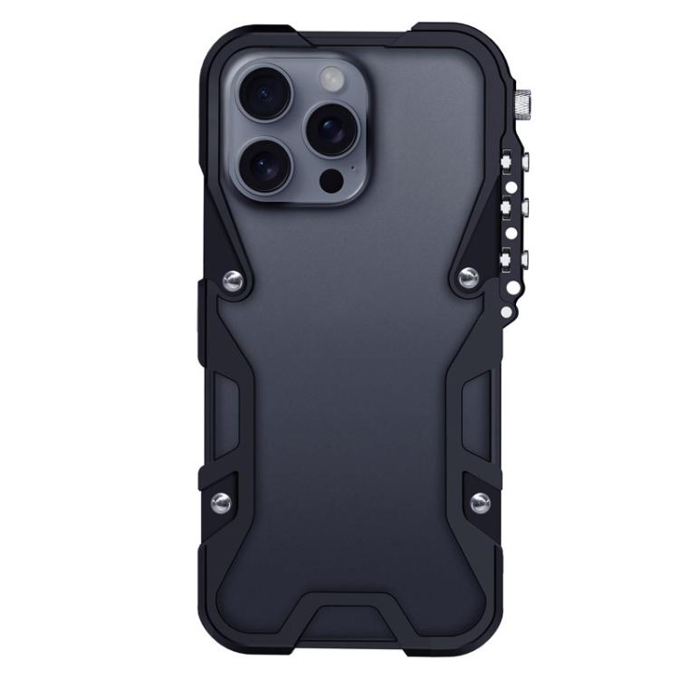 

For iPhone 16 Pro Trigger Design Hollow Metal Frame Phone Case with Lanyard(Black)
