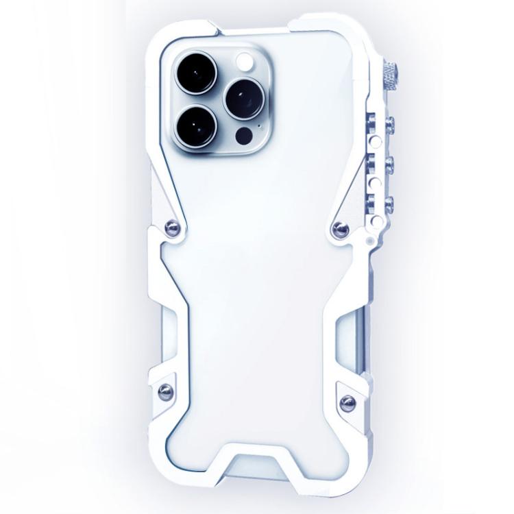 

For iPhone 16 Pro Trigger Design Hollow Metal Frame Phone Case with Lanyard(Silver)