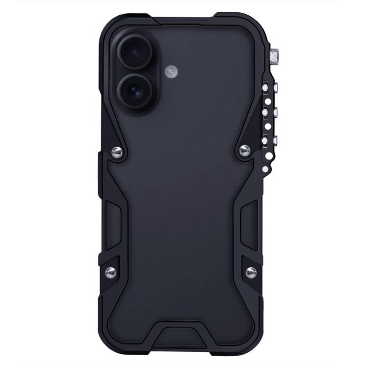 

For iPhone 16 Plus Trigger Design Hollow Metal Frame Phone Case with Lanyard(Black)