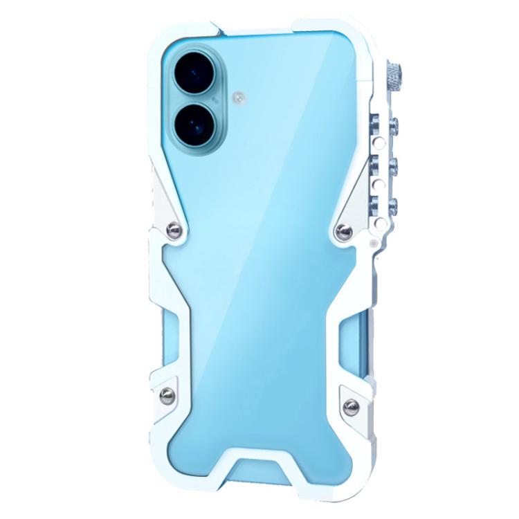 

For iPhone 16 Plus Trigger Design Hollow Metal Frame Phone Case with Lanyard(Silver)