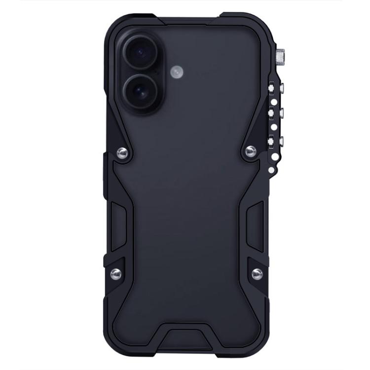 

For iPhone 16 Trigger Design Hollow Metal Frame Phone Case with Lanyard(Black)