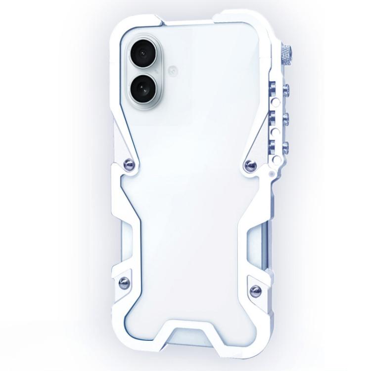

For iPhone 16 Trigger Design Hollow Metal Frame Phone Case with Lanyard(Silver)