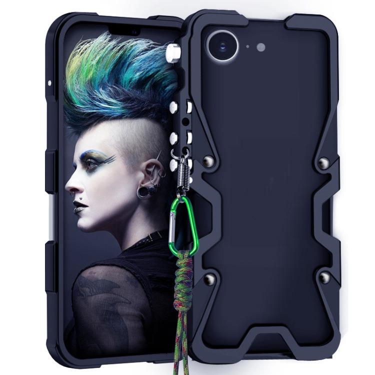 

For iPhone 16e Trigger Design Hollow Metal Frame Phone Case with Lanyard(Black)