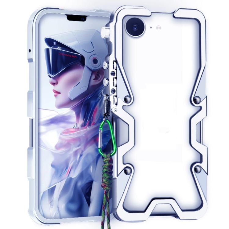 

For iPhone 16e Trigger Design Hollow Metal Frame Phone Case with Lanyard(Silver)