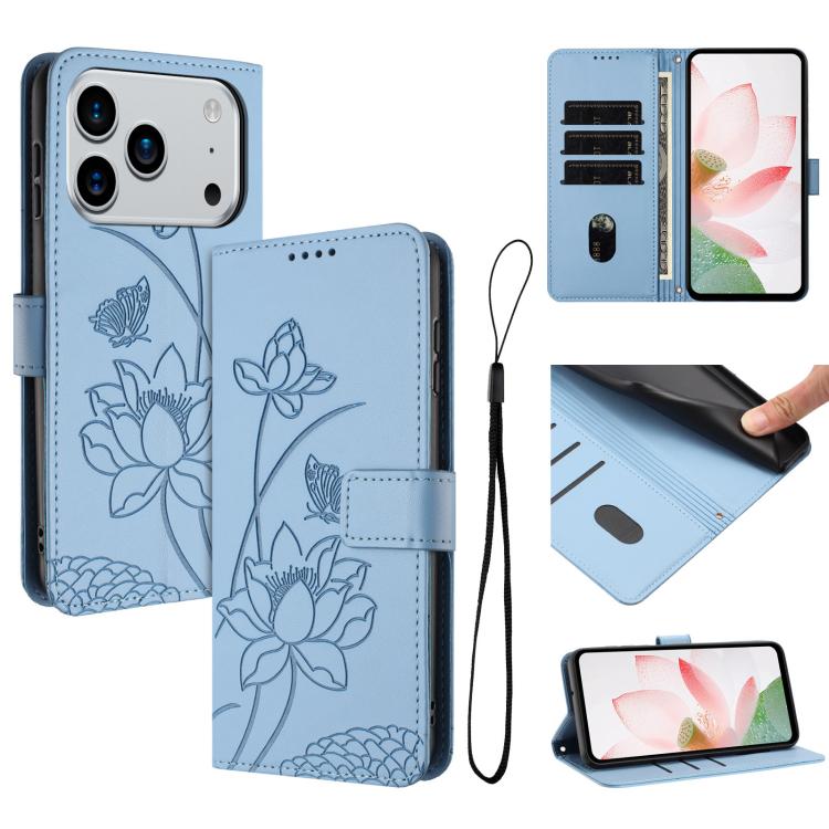 

For iPhone 17 Pro Lotus Embossed Leather Phone Case with Lanyard(Blue)