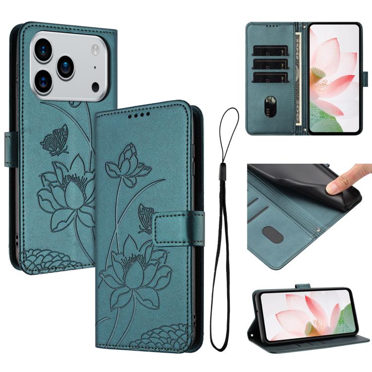 

For iPhone 17 Pro Lotus Embossed Leather Phone Case with Lanyard(Dark Green)