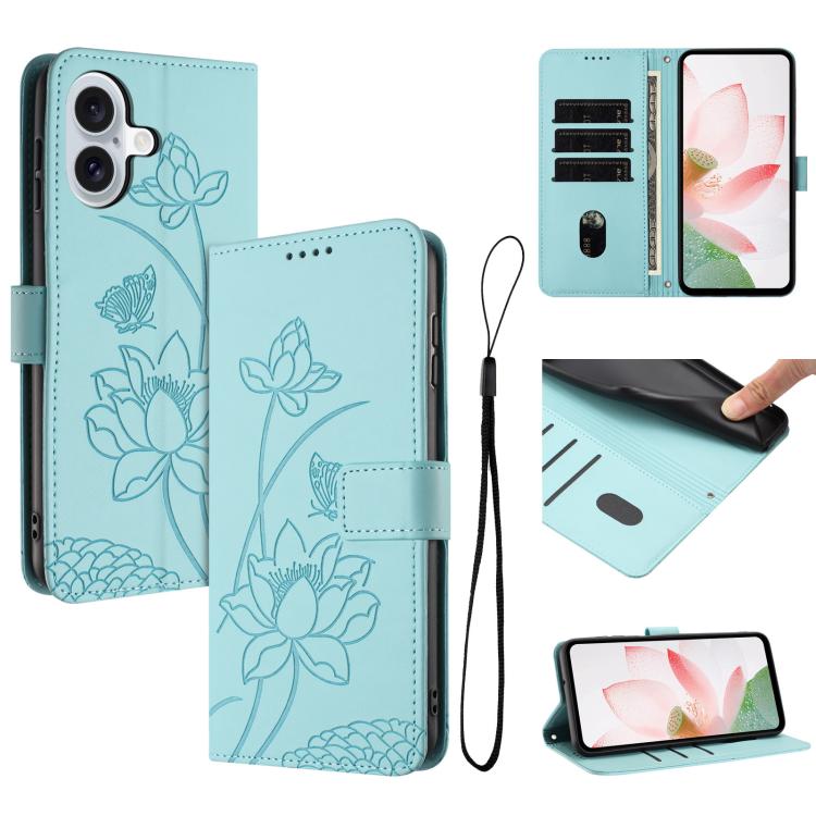 

For iPhone 17 Lotus Embossed Leather Phone Case with Lanyard(Green)