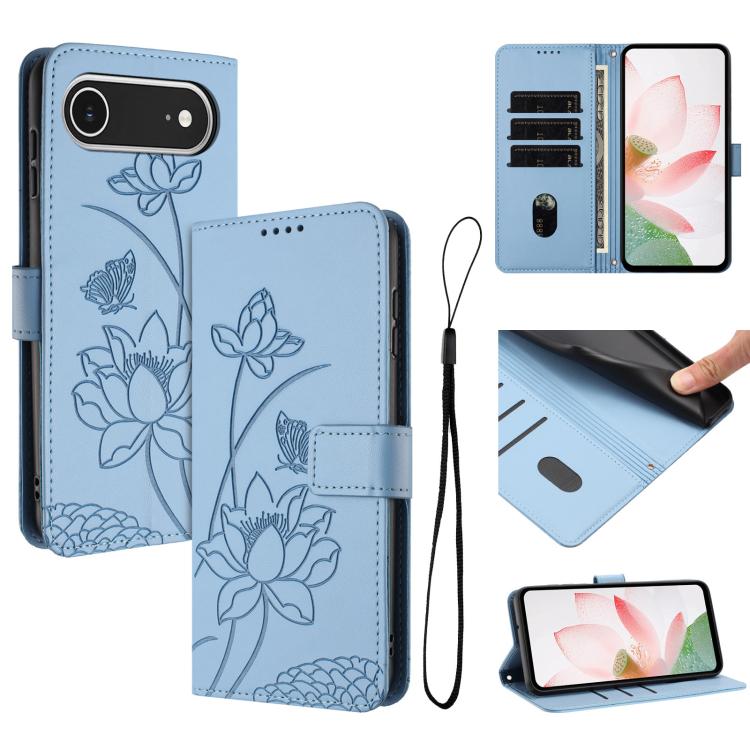 

For iPhone Air Lotus Embossed Leather Phone Case with Lanyard(Blue)