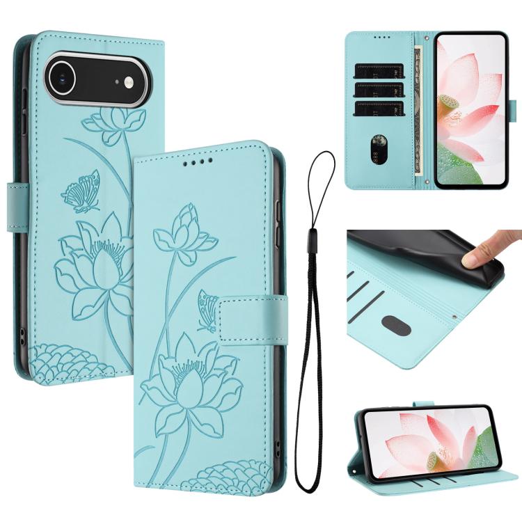 

For iPhone Air Lotus Embossed Leather Phone Case with Lanyard(Green)