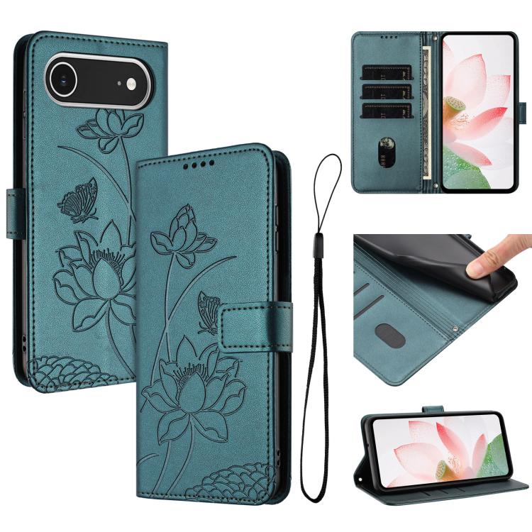 

For iPhone Air Lotus Embossed Leather Phone Case with Lanyard(Dark Green)