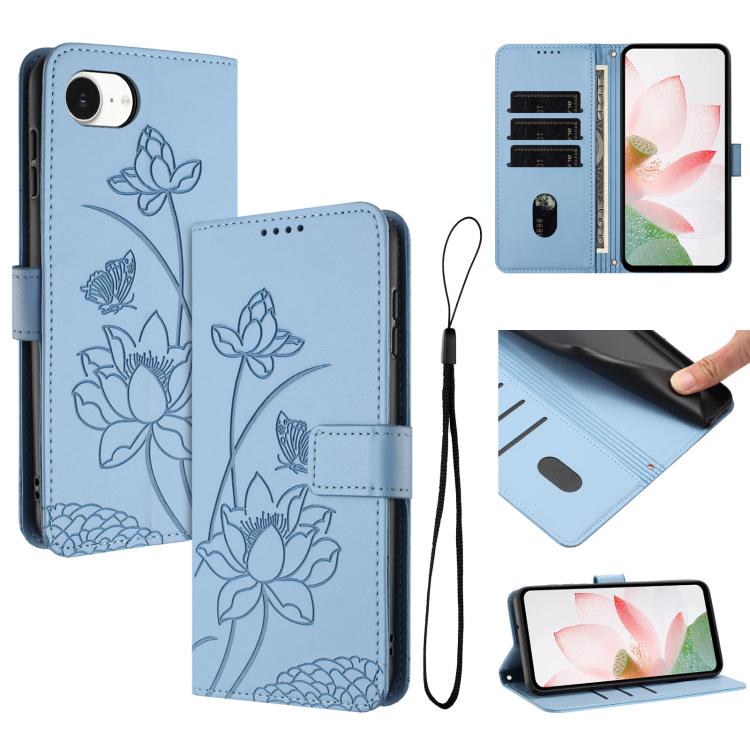 

For iPhone 16e Lotus Embossed Leather Phone Case with Lanyard(Blue)
