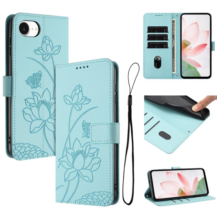 

For iPhone 16e Lotus Embossed Leather Phone Case with Lanyard(Green)