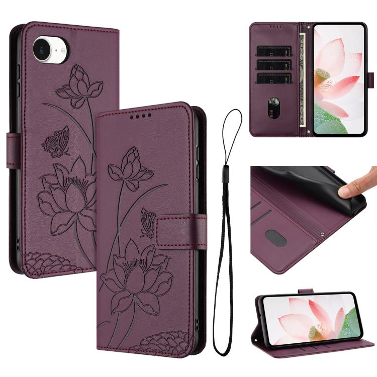 

For iPhone 16e Lotus Embossed Leather Phone Case with Lanyard(Wine Red)