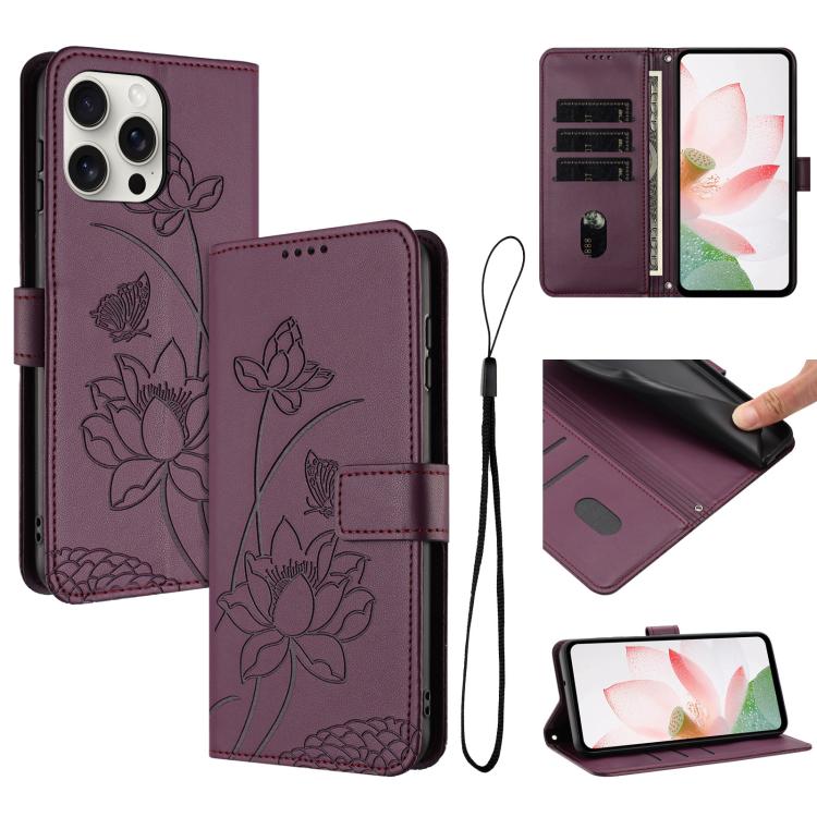 

For iPhone 16 Pro Max Lotus Embossed Leather Phone Case with Lanyard(Wine Red)