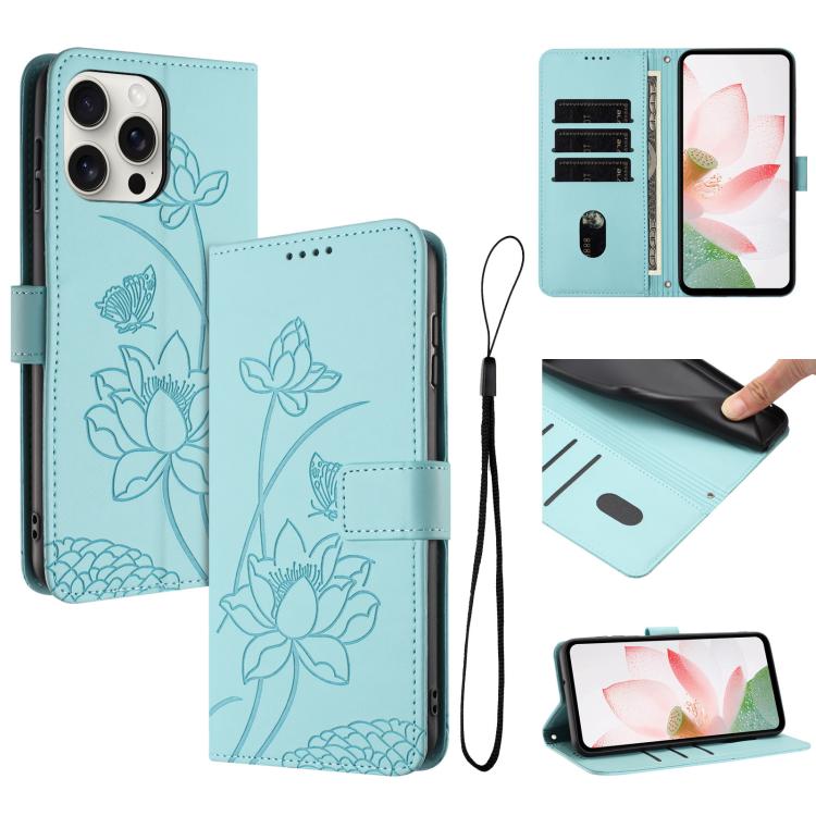 

For iPhone 16 Pro Lotus Embossed Leather Phone Case with Lanyard(Green)