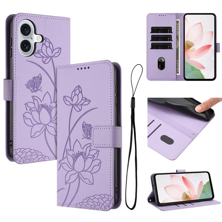 

For iPhone 16 Plus Lotus Embossed Leather Phone Case with Lanyard(Purple)