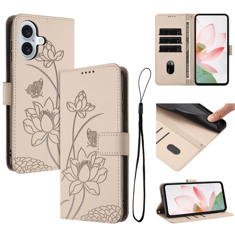 

For iPhone 16 Plus Lotus Embossed Leather Phone Case with Lanyard(Beige)