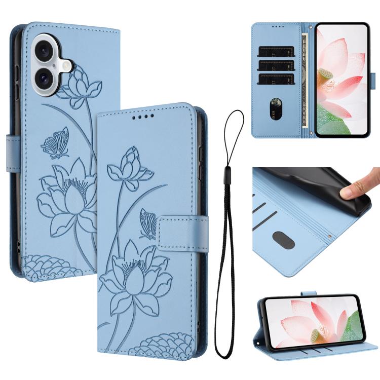 

For iPhone 16 Lotus Embossed Leather Phone Case with Lanyard(Blue)