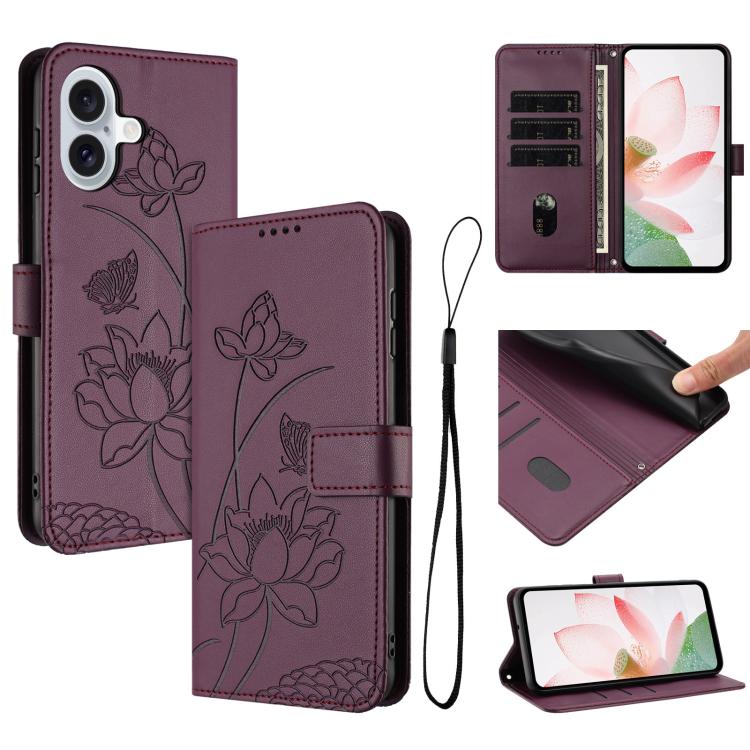 

For iPhone 16 Lotus Embossed Leather Phone Case with Lanyard(Wine Red)