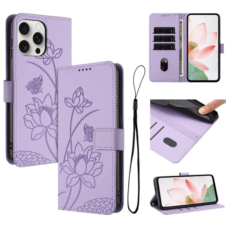 

For iPhone 15 Pro Max Lotus Embossed Leather Phone Case with Lanyard(Purple)