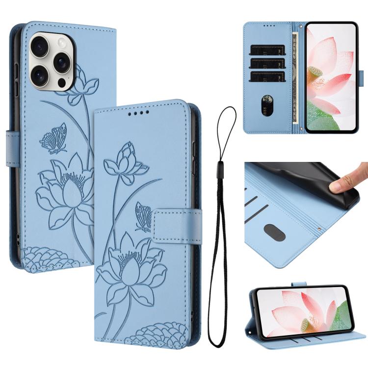 

For iPhone 15 Pro Lotus Embossed Leather Phone Case with Lanyard(Blue)