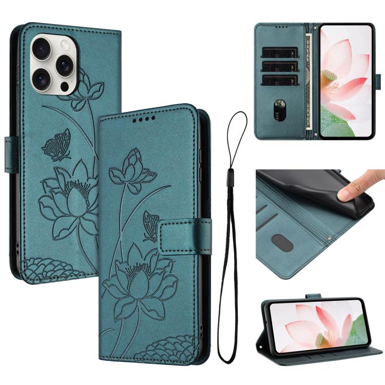 

For iPhone 15 Pro Lotus Embossed Leather Phone Case with Lanyard(Dark Green)
