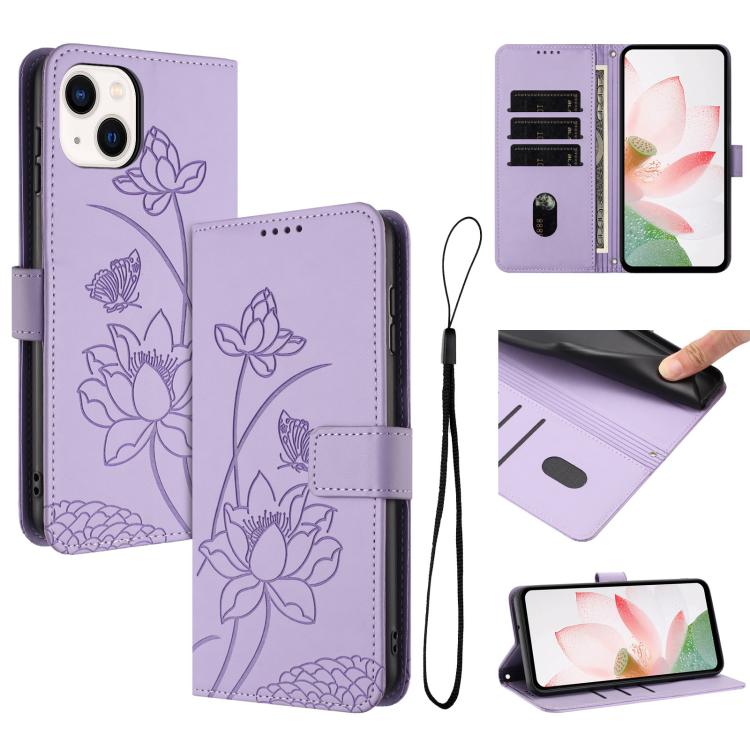 

For iPhone 15 Plus / 14 Plus Lotus Embossed Leather Phone Case with Lanyard(Purple)