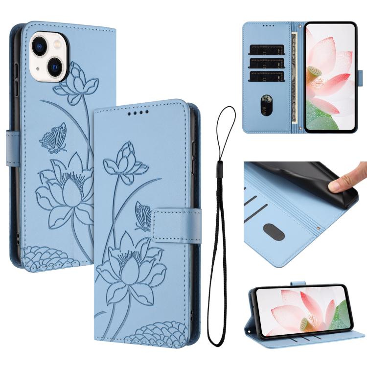 

For iPhone 15 Plus / 14 Plus Lotus Embossed Leather Phone Case with Lanyard(Blue)
