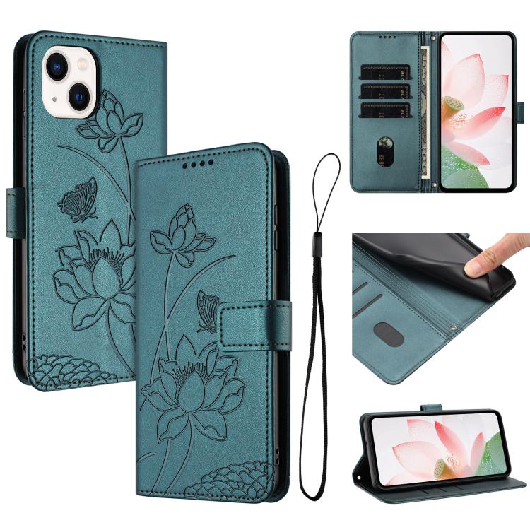 

For iPhone 15 Plus / 14 Plus Lotus Embossed Leather Phone Case with Lanyard(Dark Green)