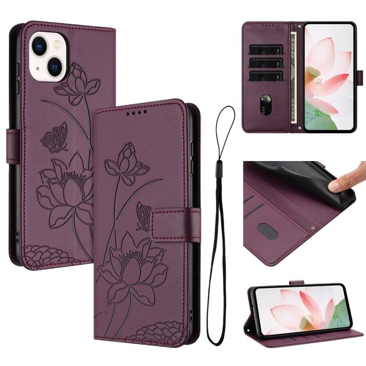 

For iPhone 15 Lotus Embossed Leather Phone Case with Lanyard(Wine Red)