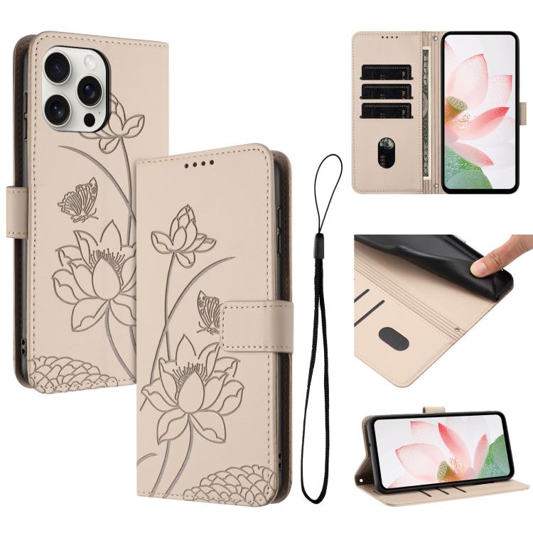 

For iPhone 14 Pro Max Lotus Embossed Leather Phone Case with Lanyard(Beige)