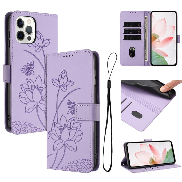 

For iPhone 12 / 12 Pro Lotus Embossed Leather Phone Case with Lanyard(Purple)