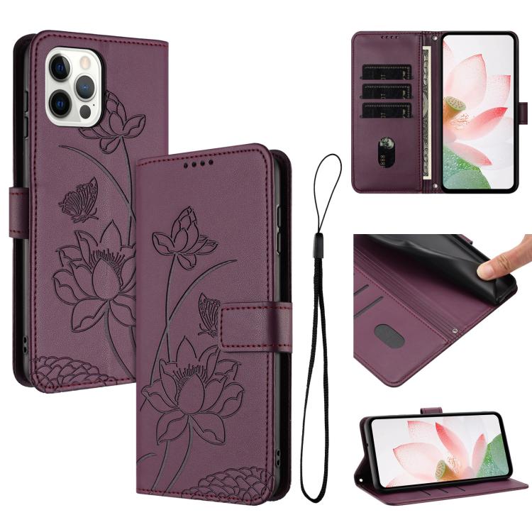 

For iPhone 12 / 12 Pro Lotus Embossed Leather Phone Case with Lanyard(Wine Red)