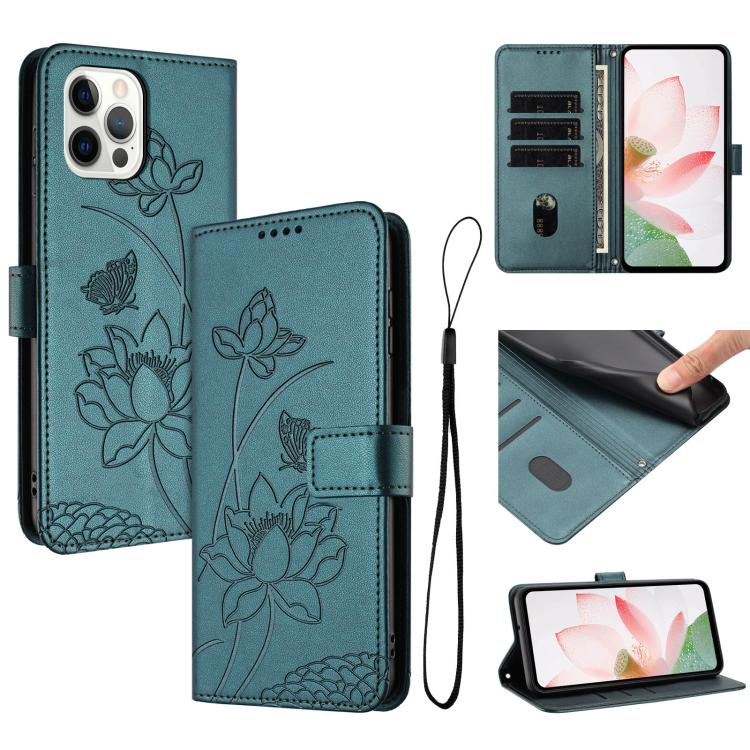 

For iPhone 12 Pro Max Lotus Embossed Leather Phone Case with Lanyard(Dark Green)