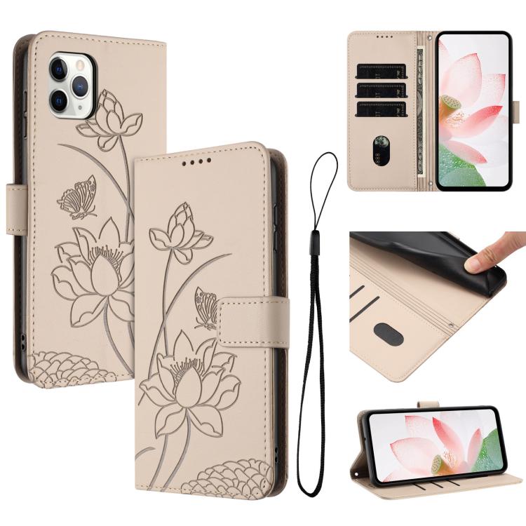 

For iPhone 11 Pro Max Lotus Embossed Leather Phone Case with Lanyard(Beige)