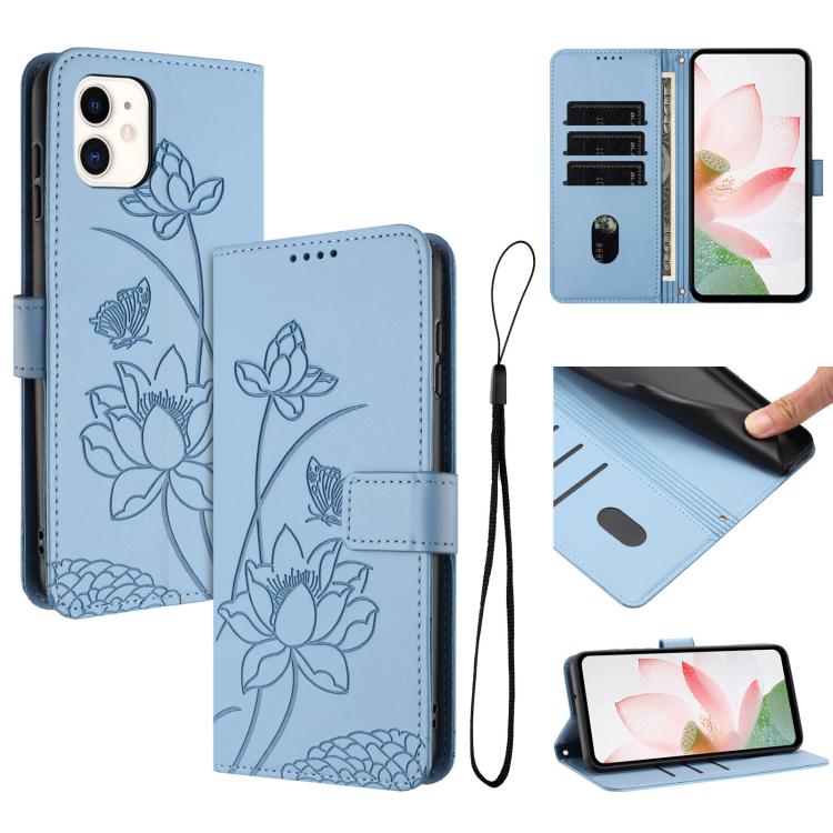 

For iPhone 11 Lotus Embossed Leather Phone Case with Lanyard(Blue)