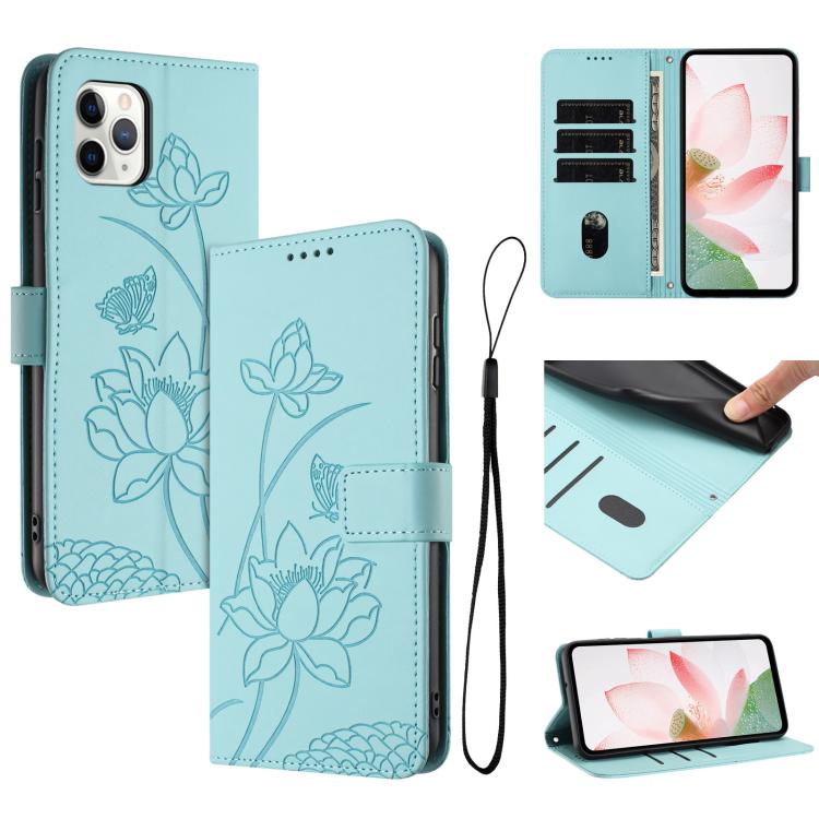 

For iPhone 11 Pro Lotus Embossed Leather Phone Case with Lanyard(Green)