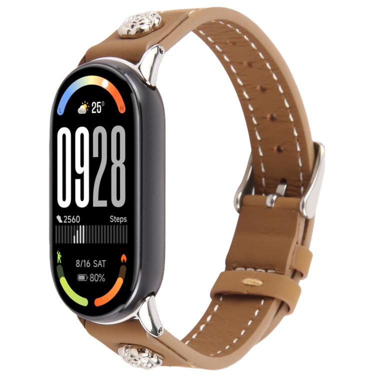 

For Xiaomi Smart Band 10 / 9 / 8 Rivet Camellia Skin Feel Microfiber Leather Watch Band(Brown)