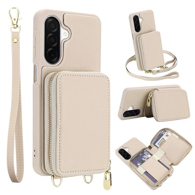

For Samsung Galaxy A26 5G / A17 5G Crossbody Zipper RFID Card Bag Phone Case(Apricot)