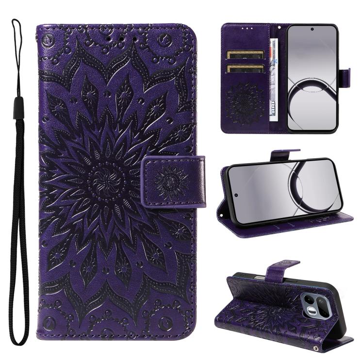 For Realme 16T 5G Embossed Sunflower Pattern Flip Leather Phone Case(Purple)