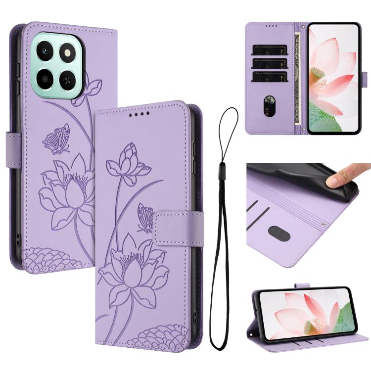 

For Honor 600 Smart 5G Lotus Embossed Leather Phone Case with Lanyard(Purple)